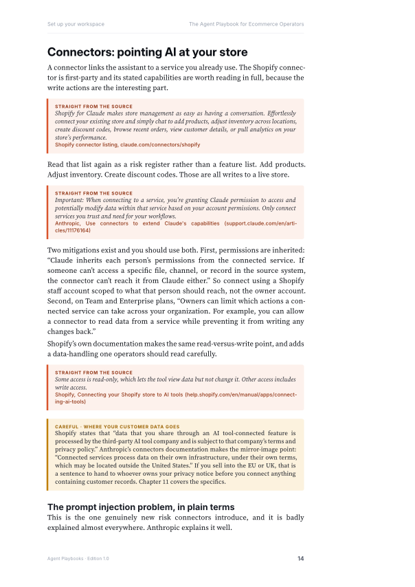 A page with three quotes from Shopify and Anthropic documentation, each printed
                    with its source link, and a caution about where customer data goes.