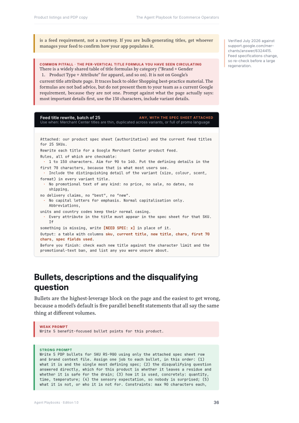 An interior page showing a full listing-copy prompt with weak and strong versions.