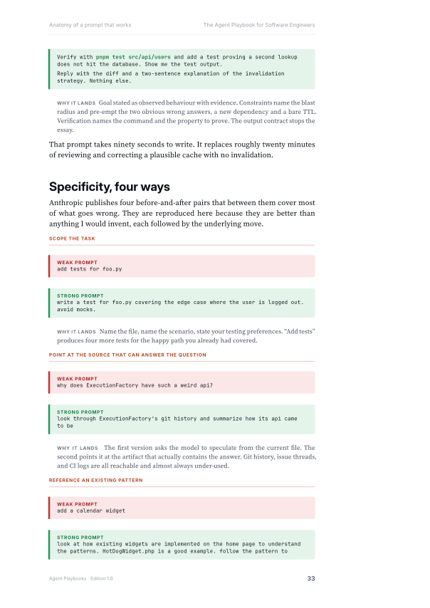 A page from the engineering playbook showing a full prompt with weak and strong versions.